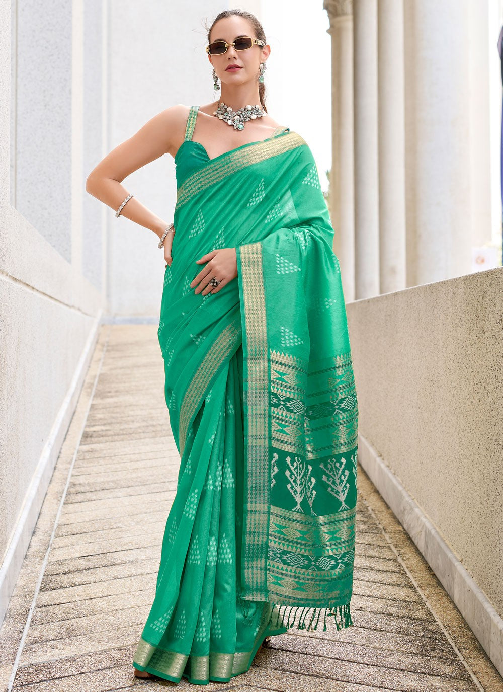 Designer Weaving Zari Green, Turquoise Rayon S12622