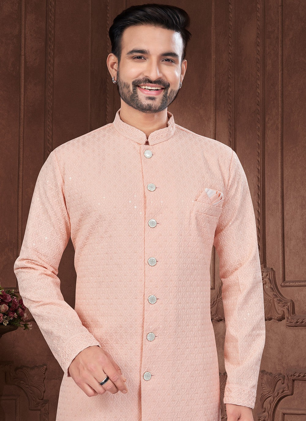 Chikankari Work Lucknowi, Rayon Peach Indo Western Sherwani - M8633