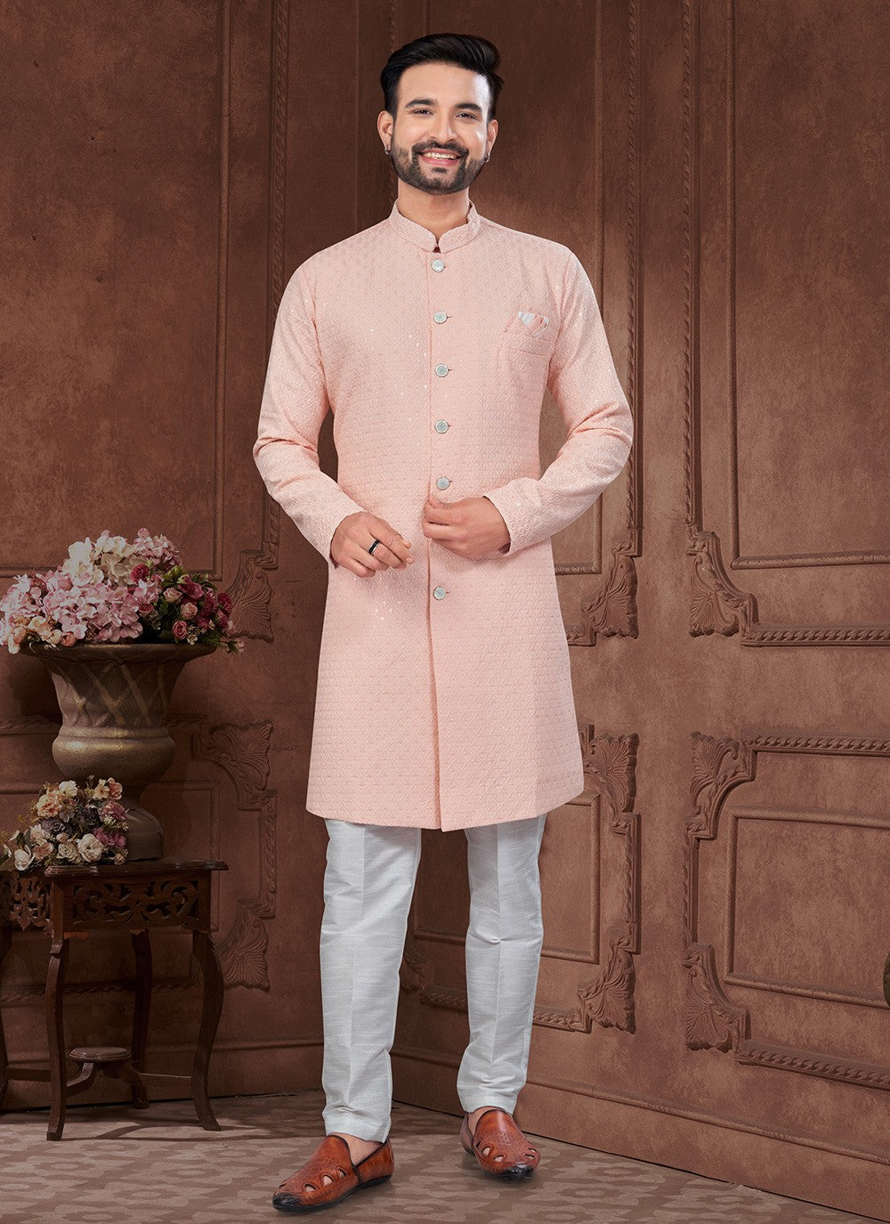 Chikankari Work Lucknowi, Rayon Peach Indo Western Sherwani - M8633