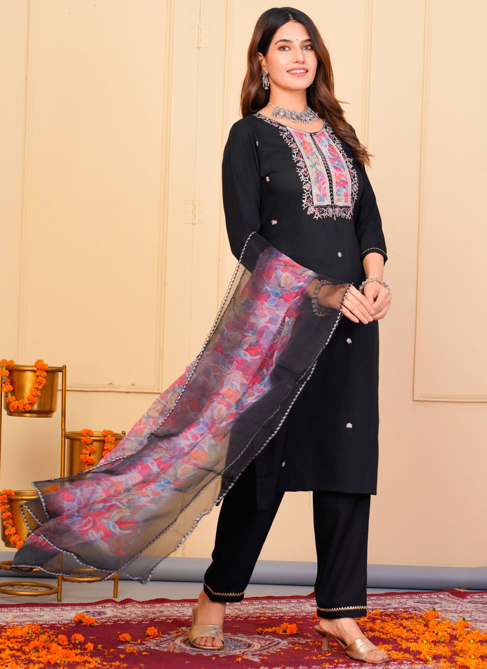 Salwar Suit Embroidered Black Rayon T5136