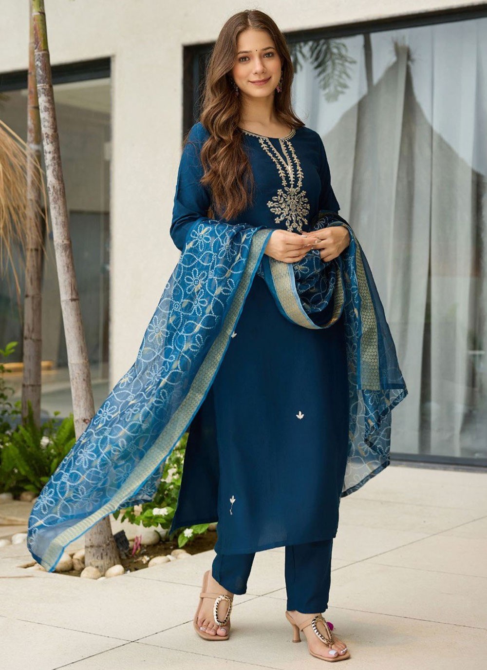 Pant Style Suit Embroidered Blue T8122