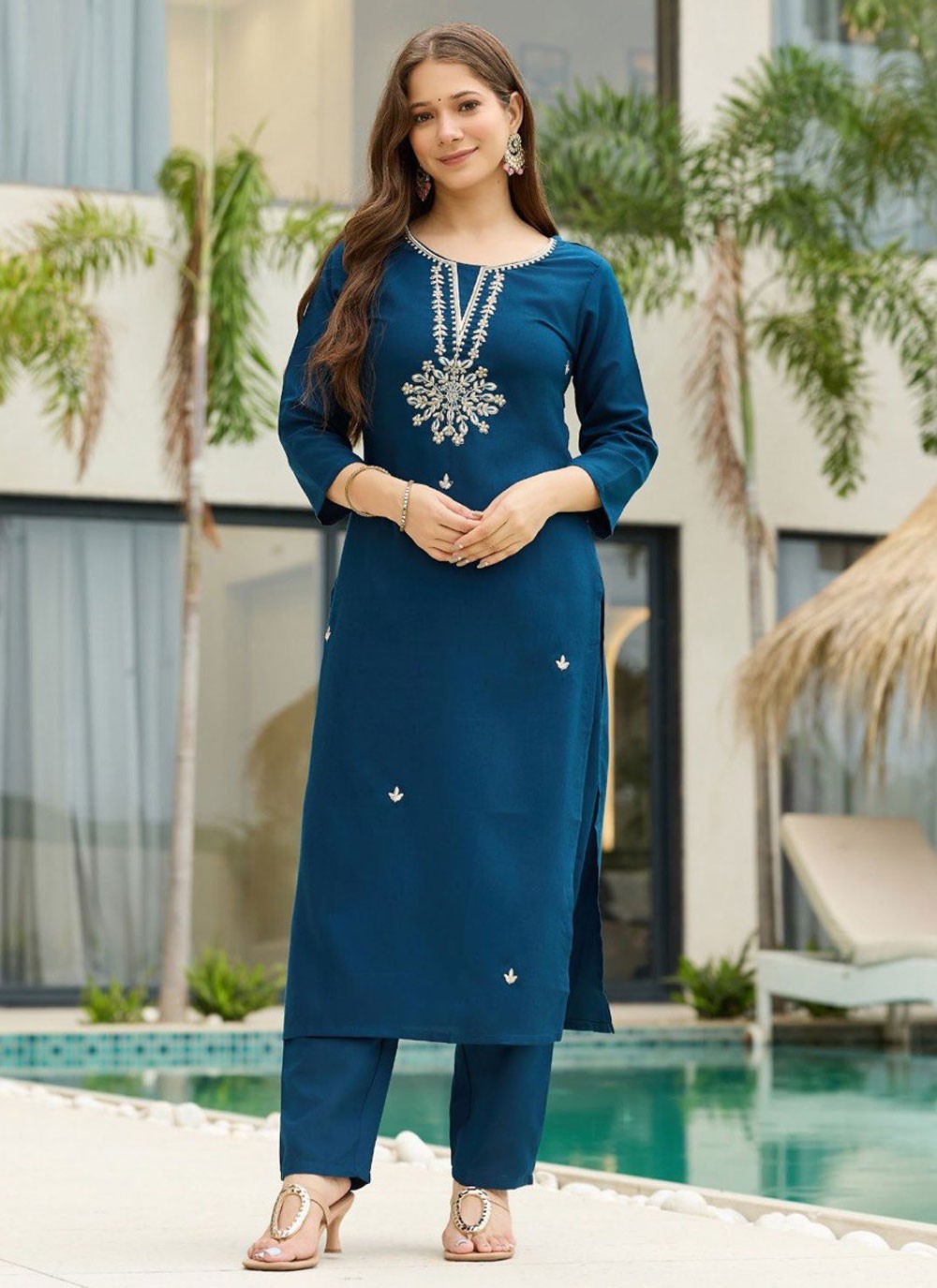 Pant Style Suit Embroidered Blue T8122
