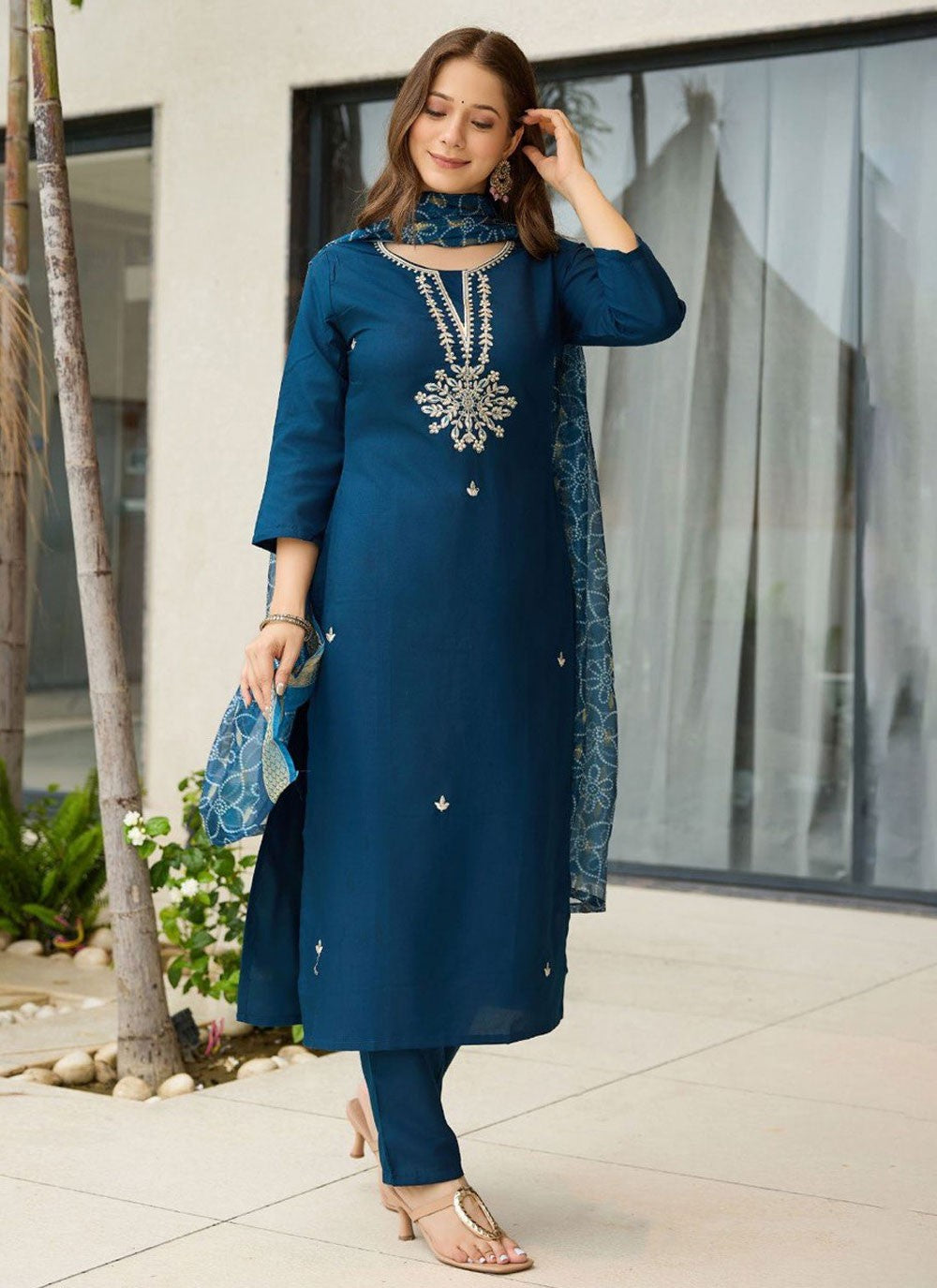 Pant Style Suit Embroidered Blue T8122