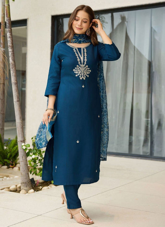 Pant Style Suit Embroidered Blue T8122