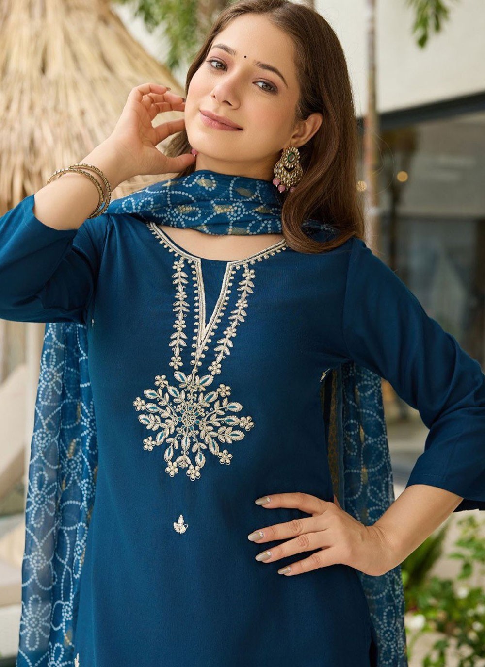 Pant Style Suit Embroidered Blue T8122