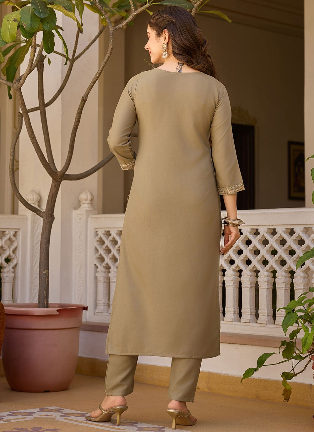 Embroidered Rayon Beige Pant Style Suit T6396