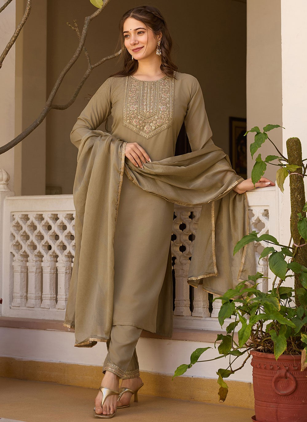 Embroidered Rayon Beige Pant Style Suit T6396