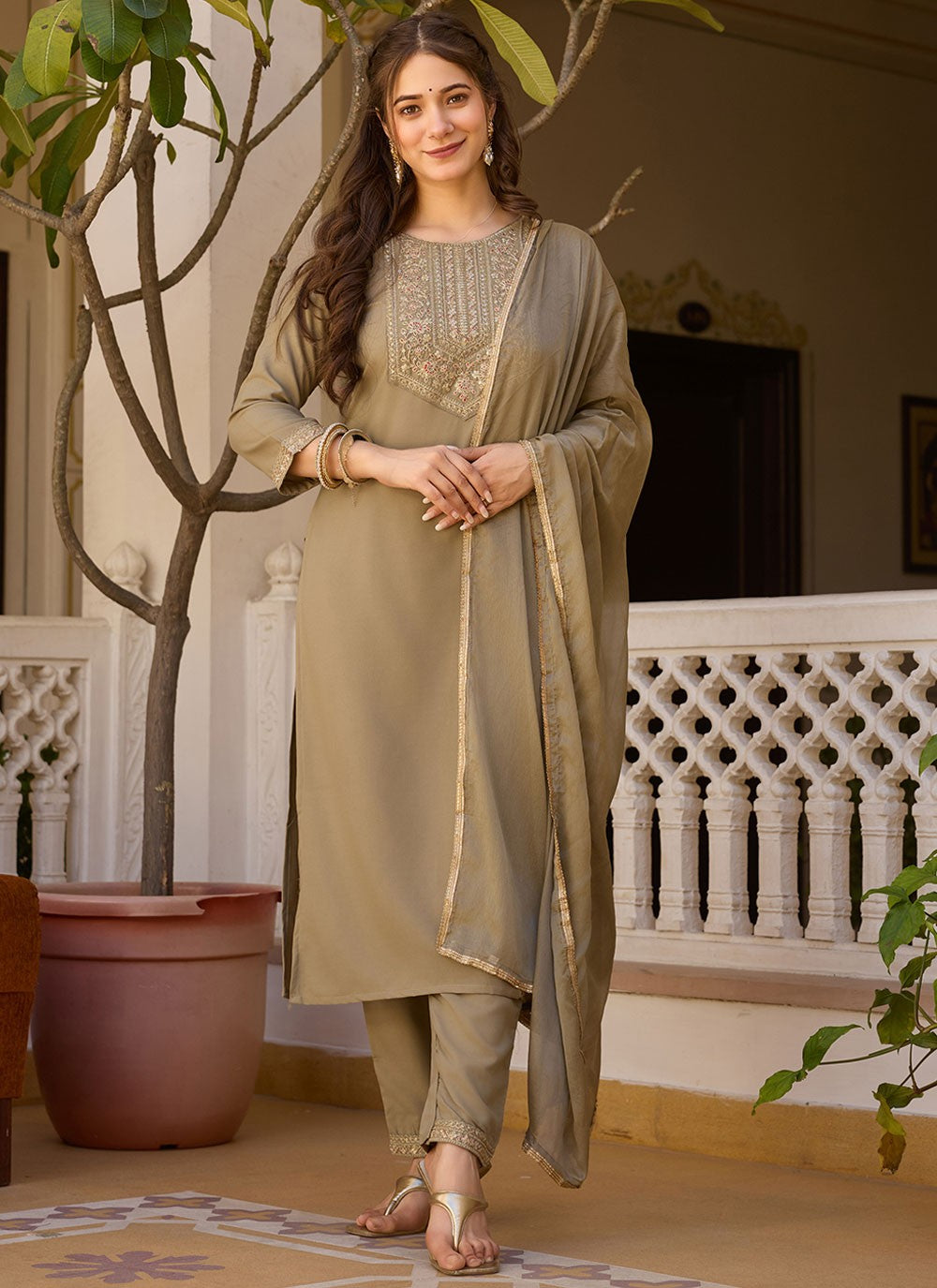 Embroidered Rayon Beige Pant Style Suit T6396