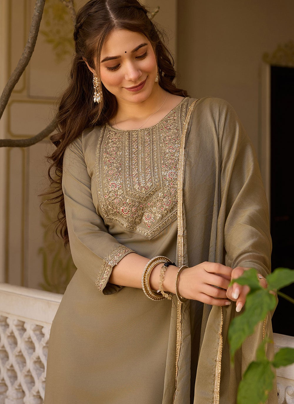 Embroidered Rayon Beige Pant Style Suit T6396