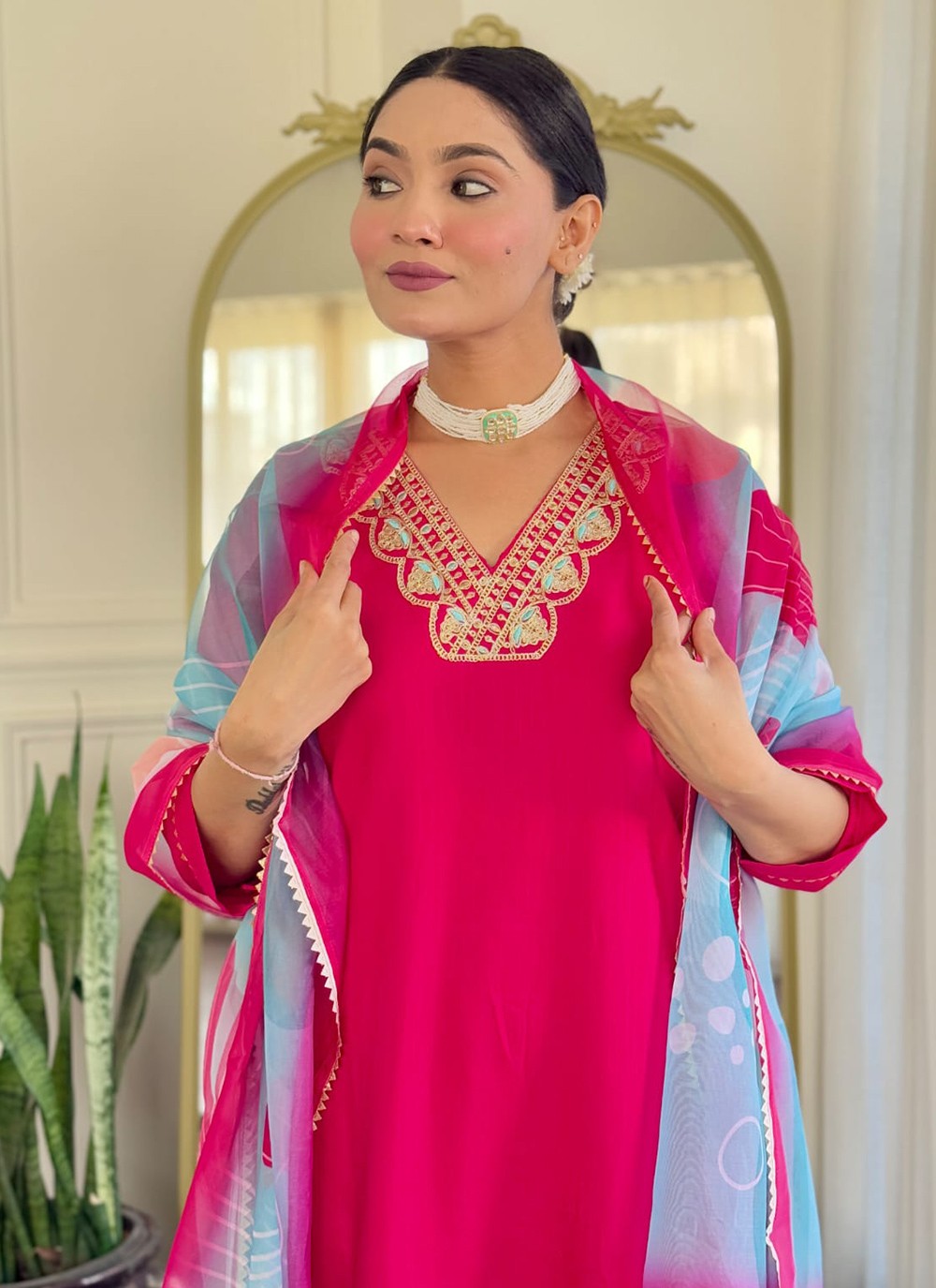 Embroidered Rayon Pink Pant Style Suit T6252