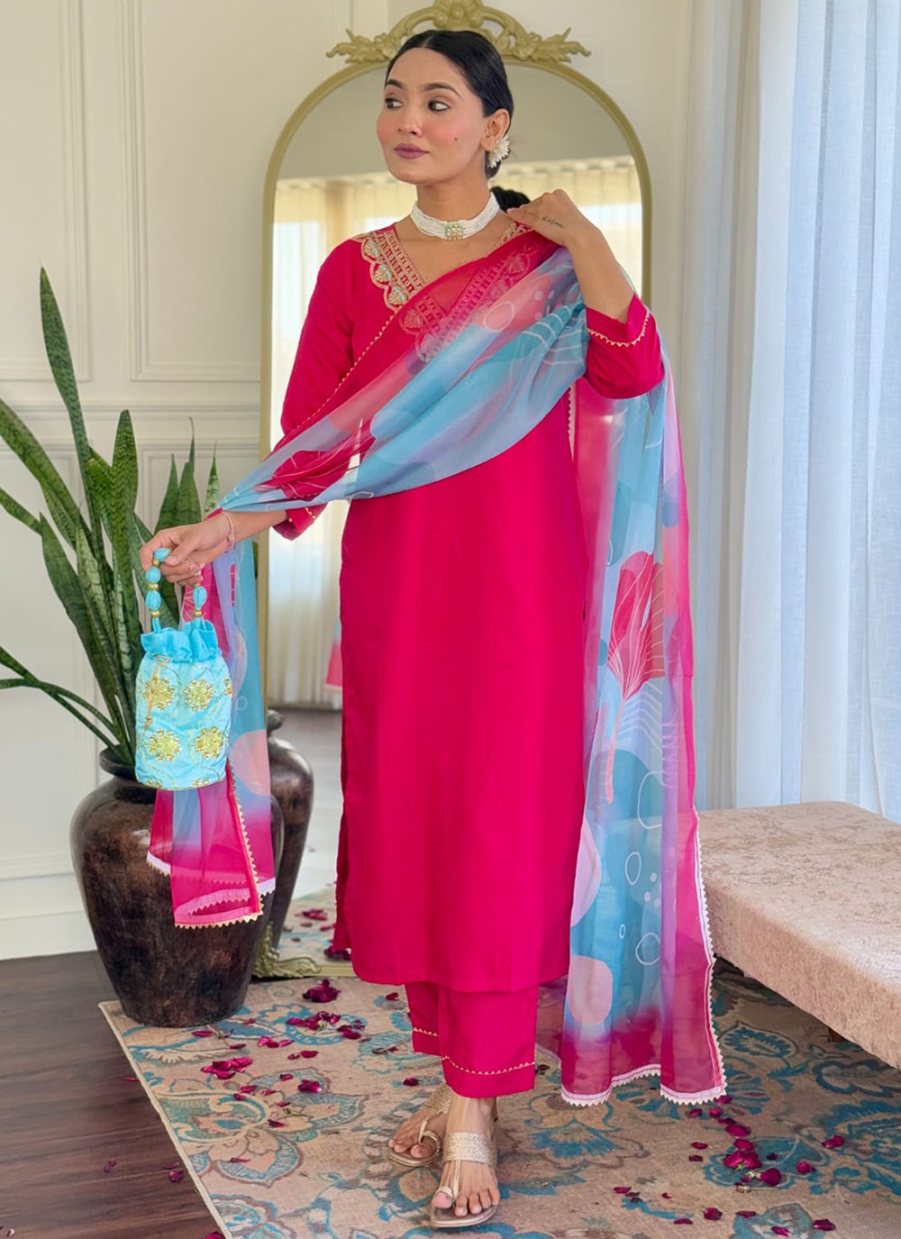 Embroidered Rayon Pink Pant Style Suit T6252