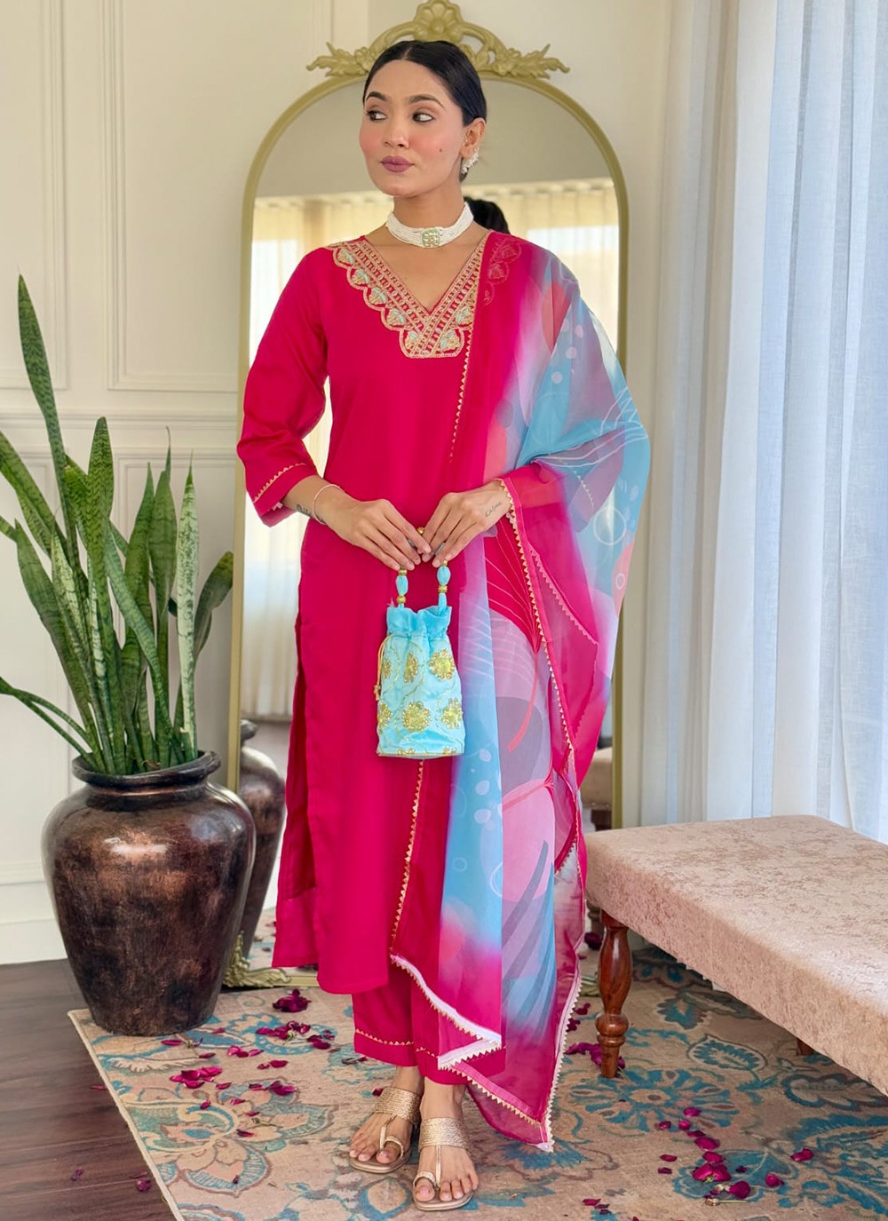 Embroidered Rayon Pink Pant Style Suit T6252