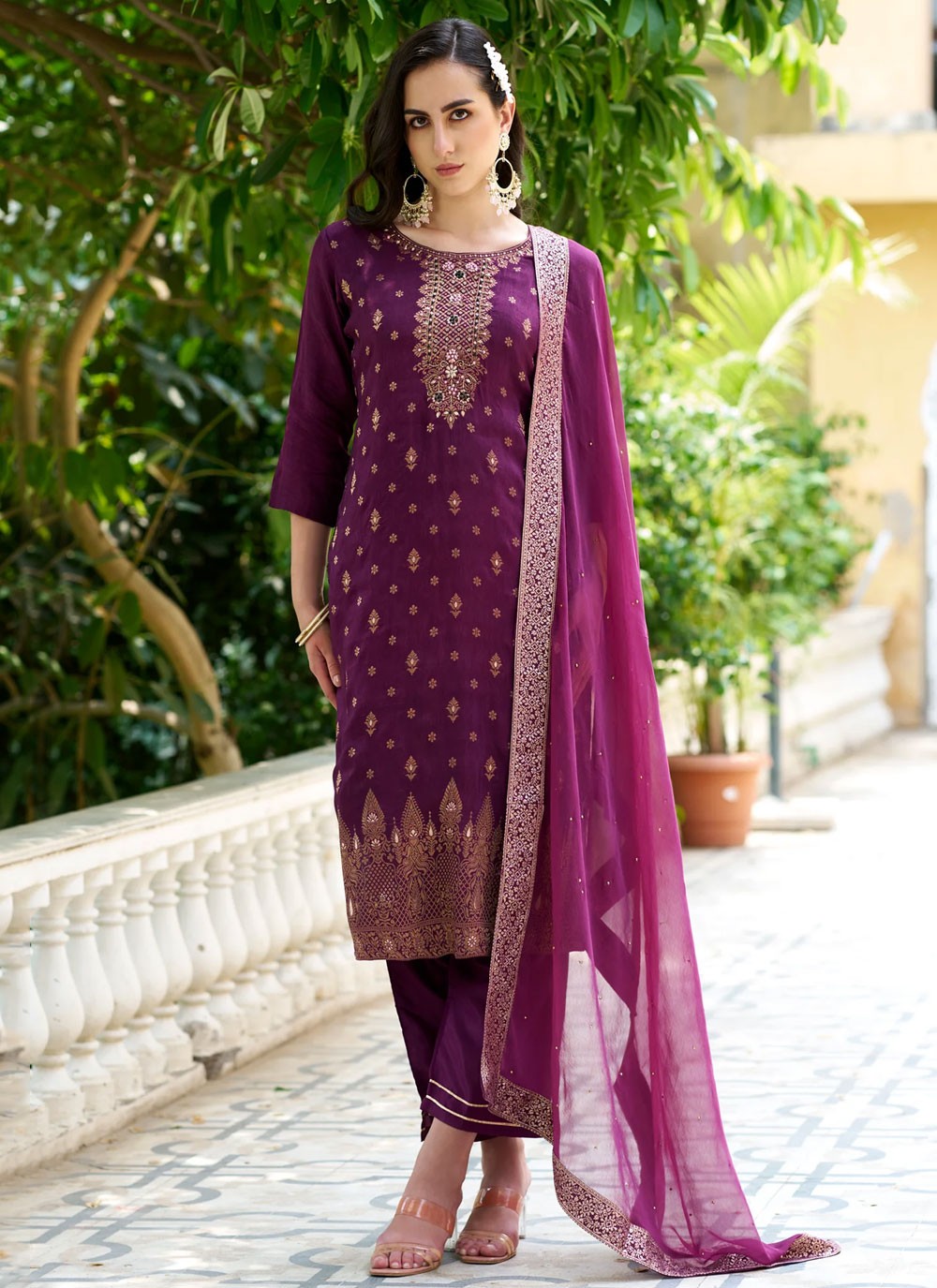 Pant Style Suit Embroidered, Jacquard Work, Zari Purple T6908