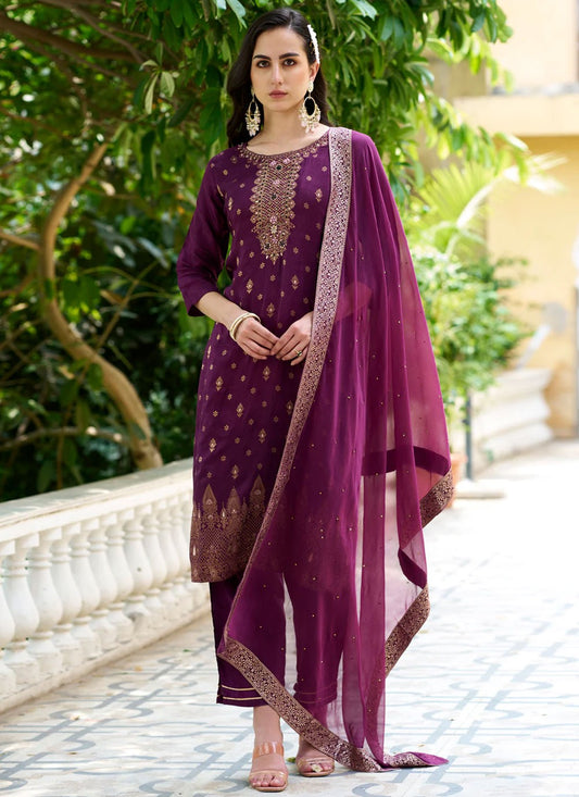 Pant Style Suit Embroidered, Jacquard Work, Zari Purple T6908