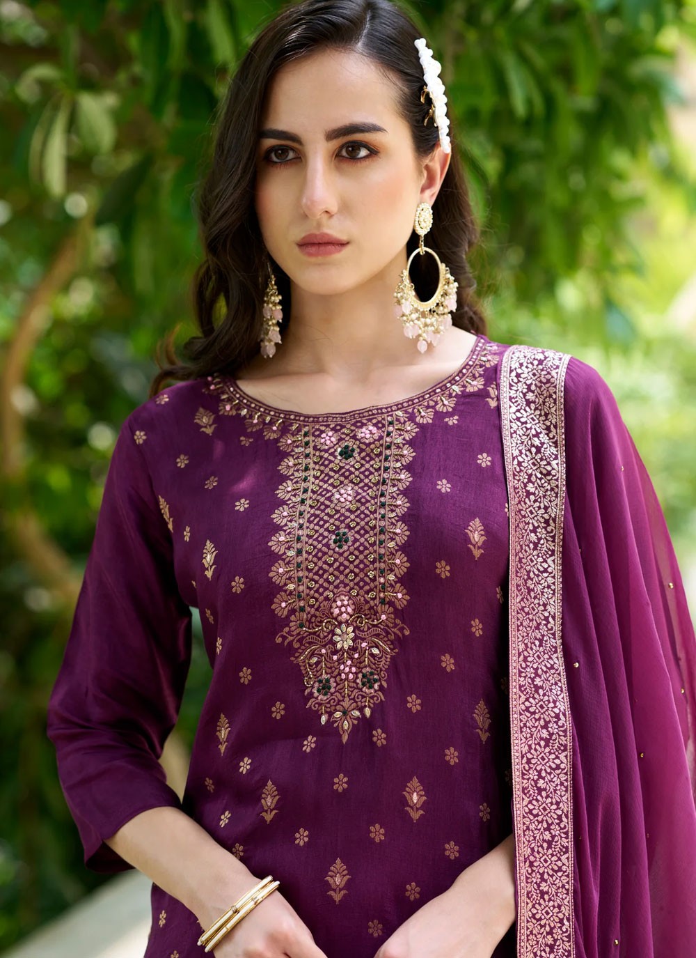 Pant Style Suit Embroidered, Jacquard Work, Zari Purple T6908