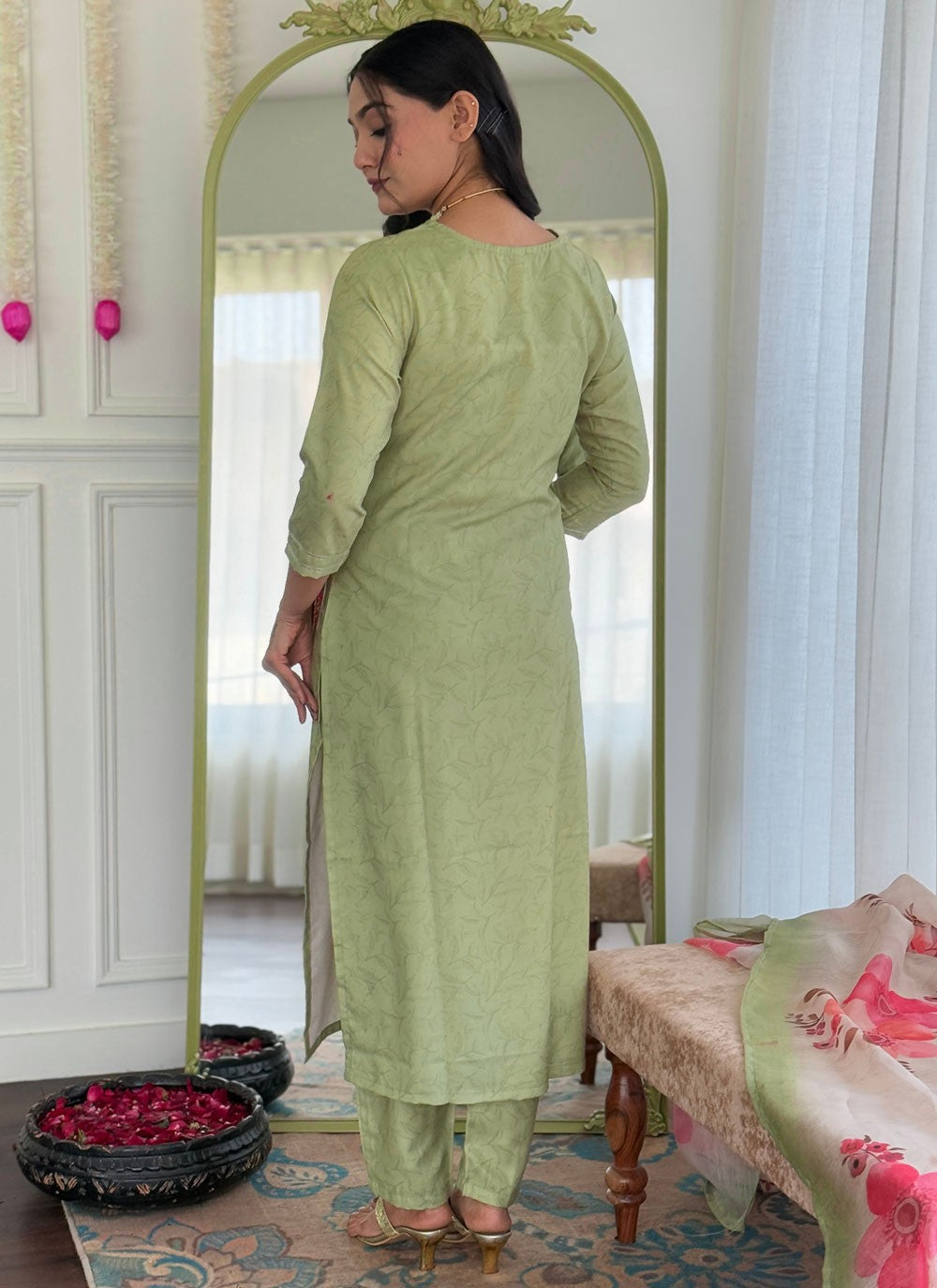 Pant Style Suit Embroidered, Printed Green T8075