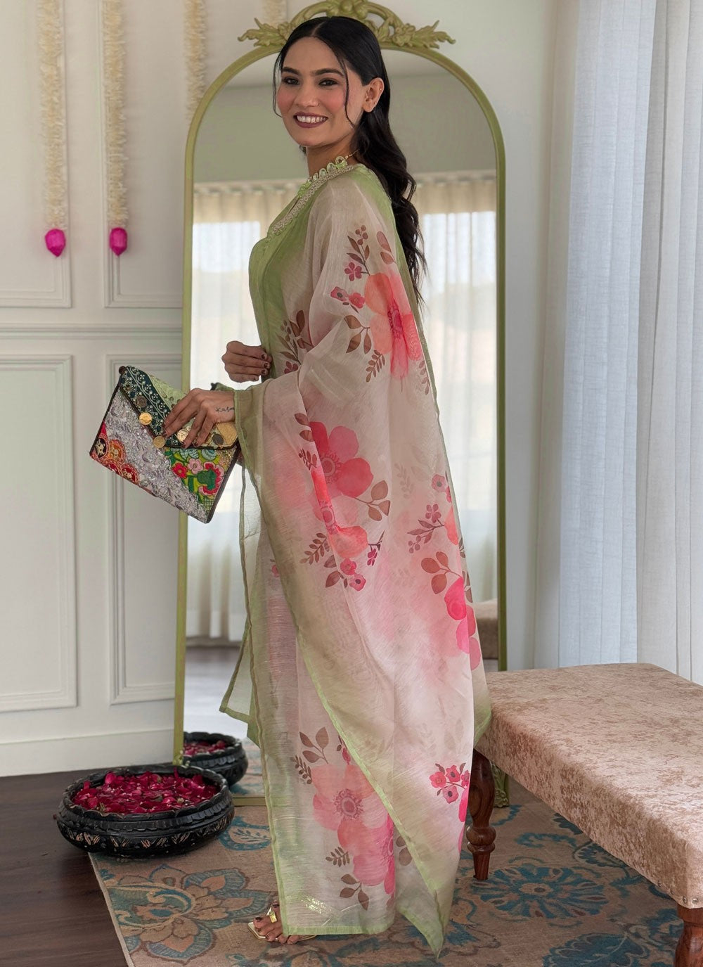 Pant Style Suit Embroidered, Printed Green T8075