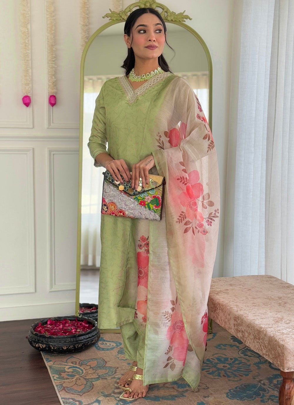 Pant Style Suit Embroidered, Printed Green T8075