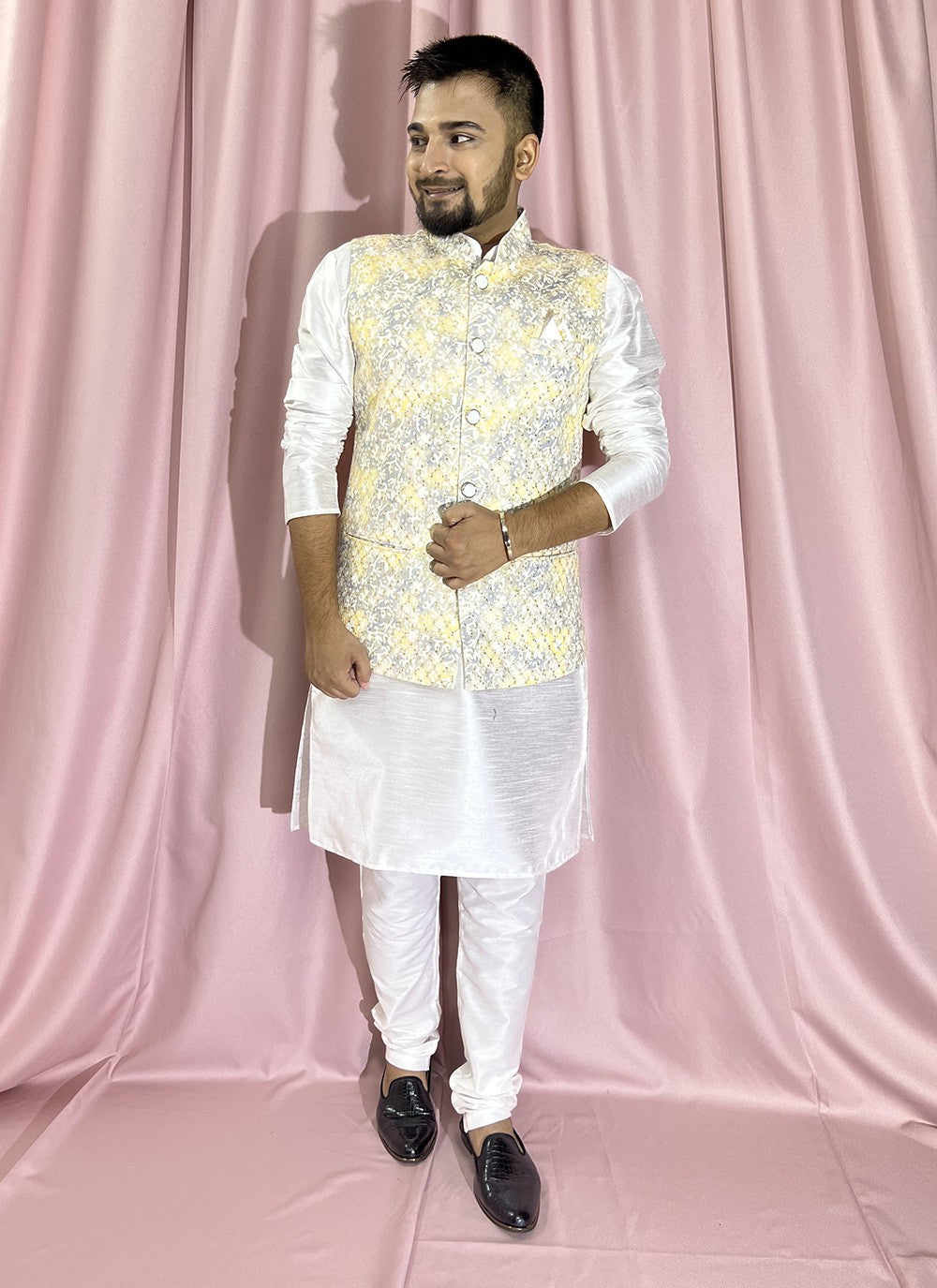 Embroidered Rayon, Silk Grey, White, Yellow Kurta Payjama With Jacket - M5898