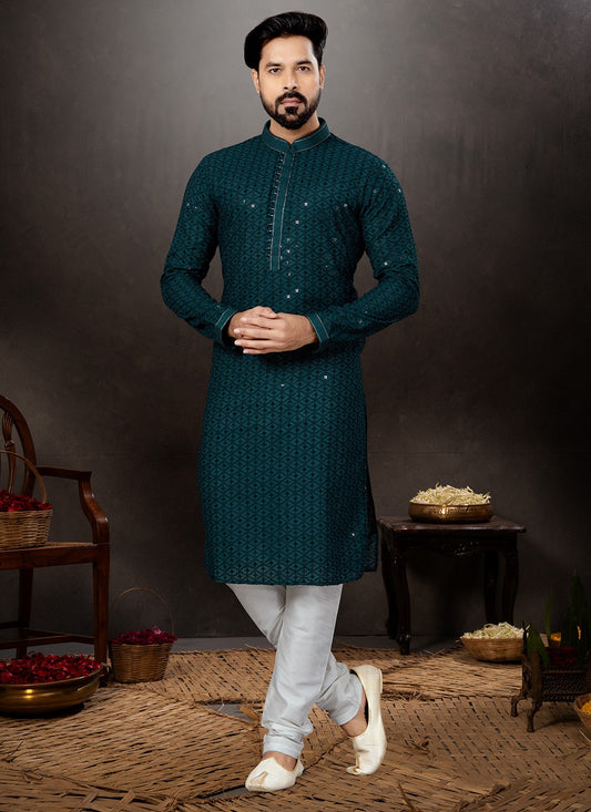 Lucknowi Work Rayon Green Kurta Pyjama - M4780