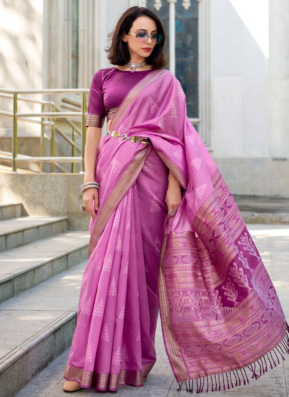 Contemporary Weaving Zari Magenta Rayon Saree S12621