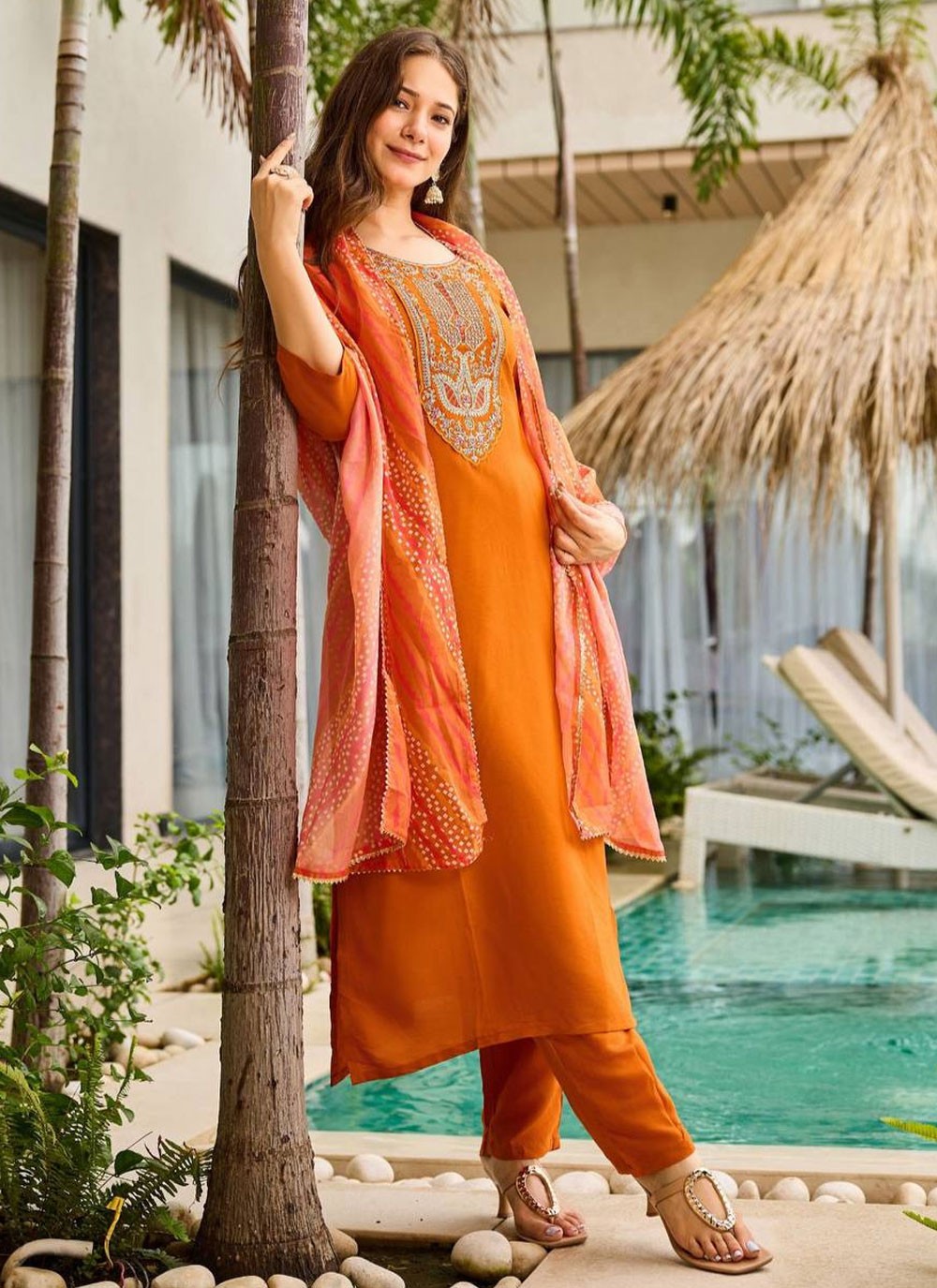 Pant Style Suit Embroidered Orange T8312