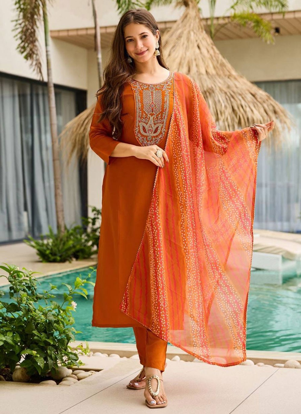 Pant Style Suit Embroidered Orange T8312