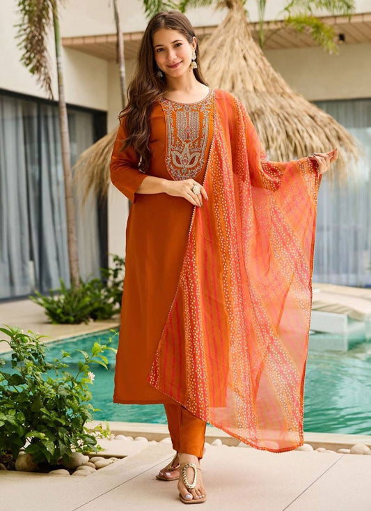 Pant Style Suit Embroidered Orange T8312