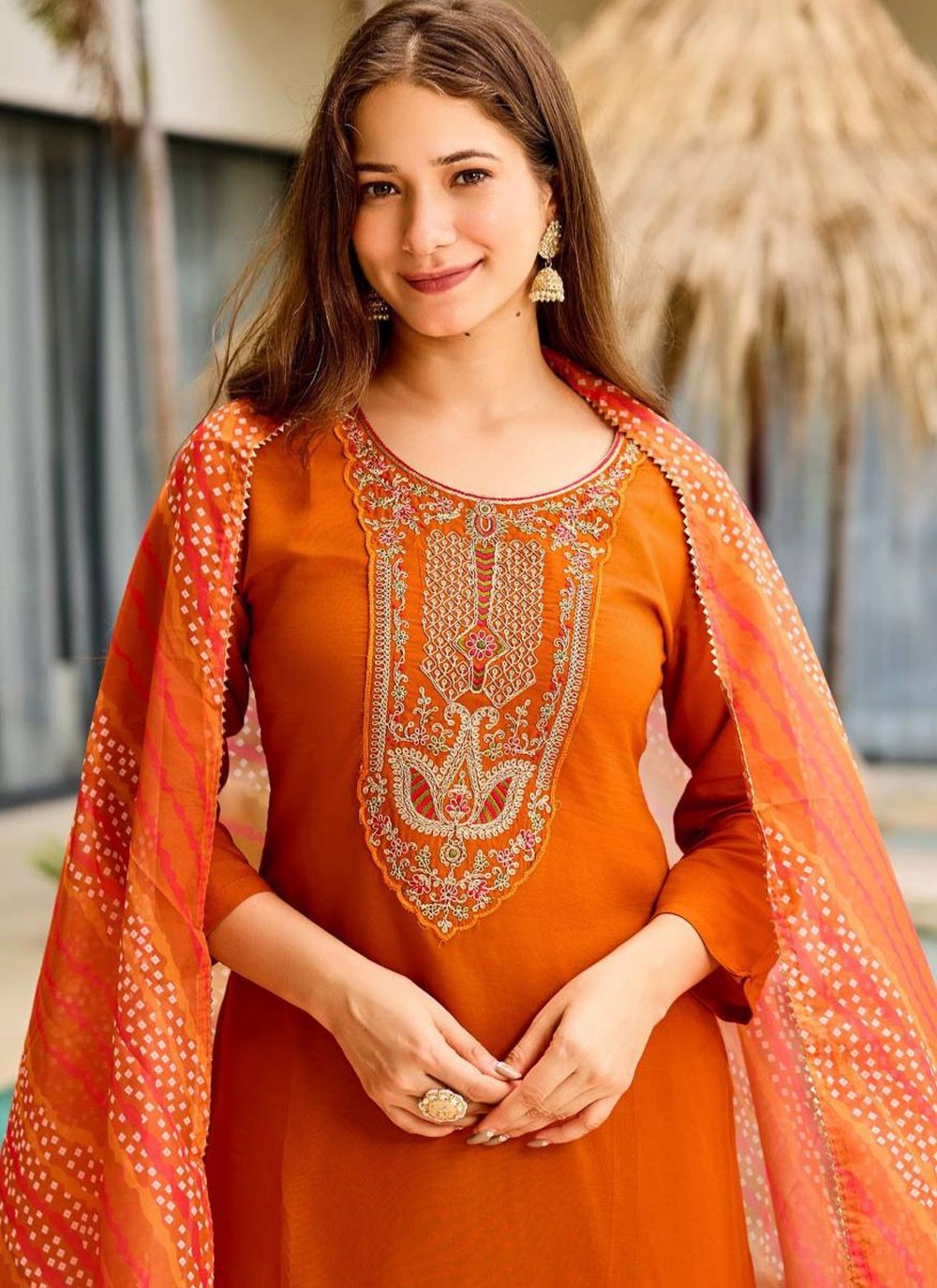 Pant Style Suit Embroidered Orange T8312