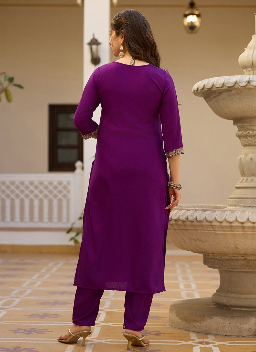 Pant Style Suit Embroidered Purple T6995