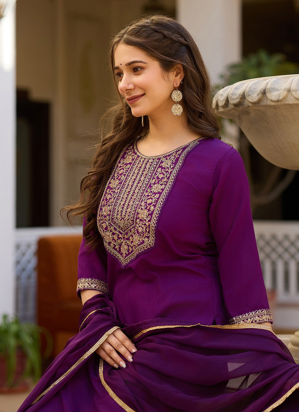 Pant Style Suit Embroidered Purple T6995