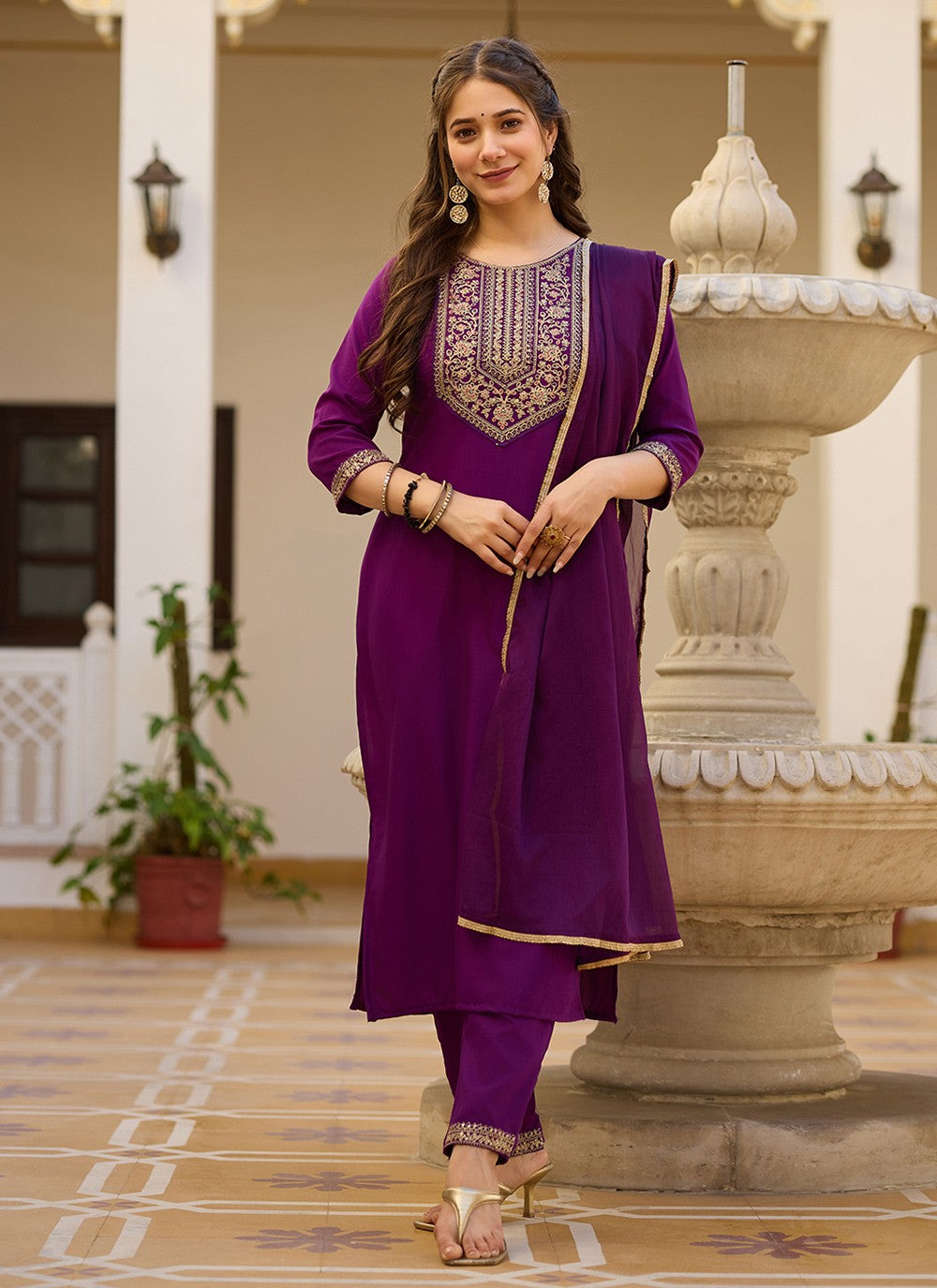 Pant Style Suit Embroidered Purple T6995