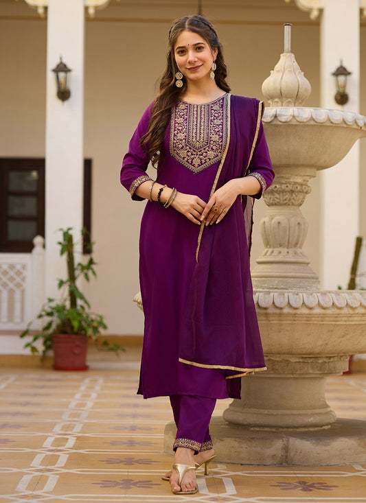 Pant Style Suit Embroidered Purple T6995