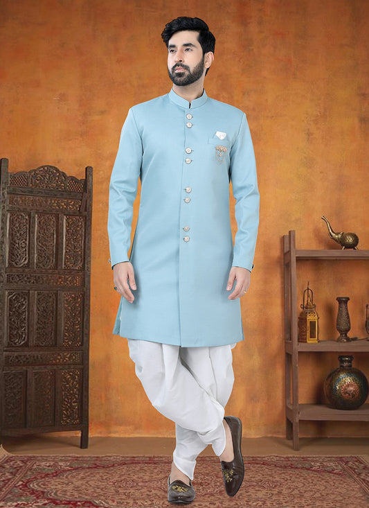 Buttons Rayon Aqua Blue Sherwani - M8769