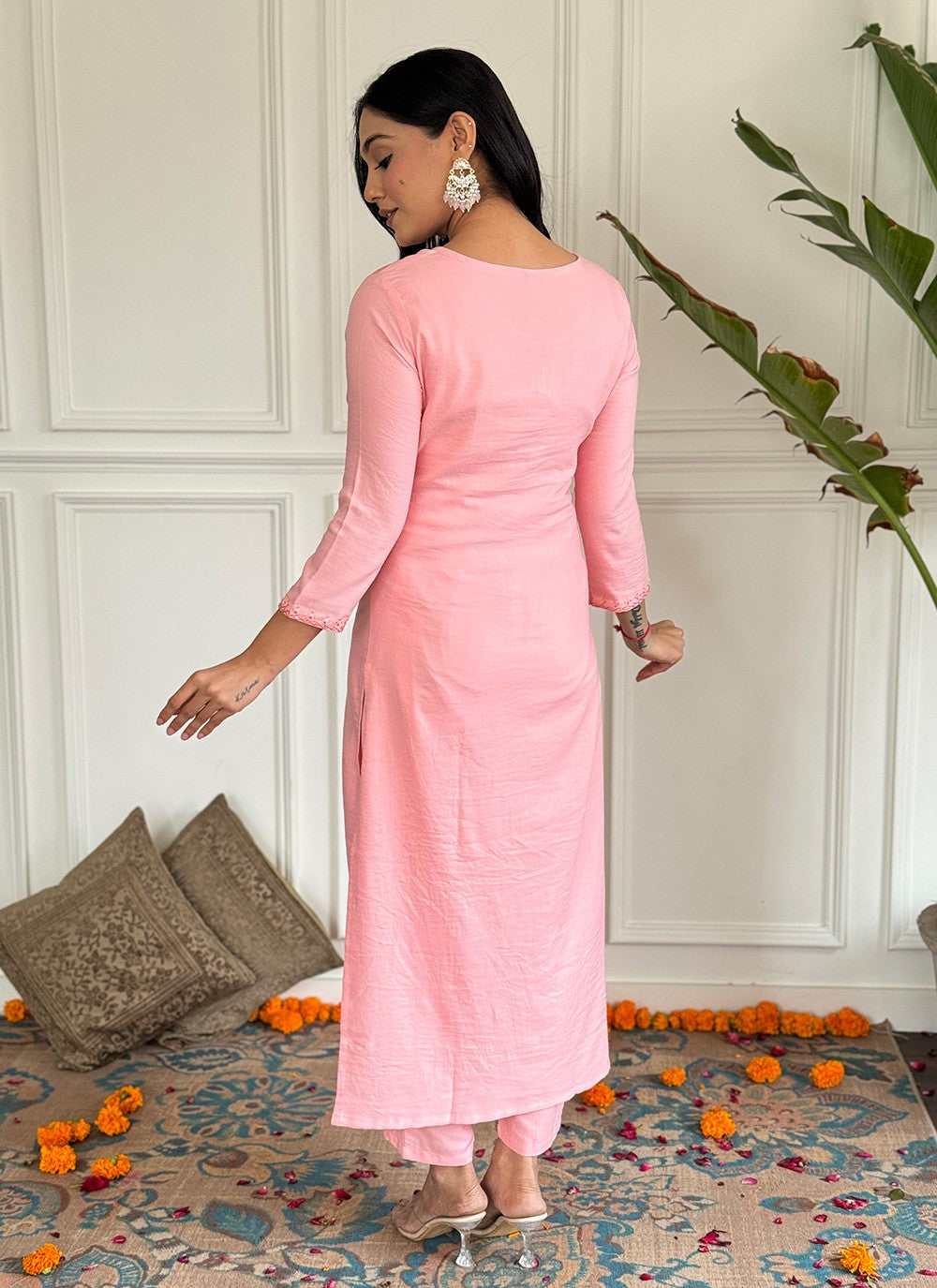 Salwar Suit Embroidered Peach Rayon T5019