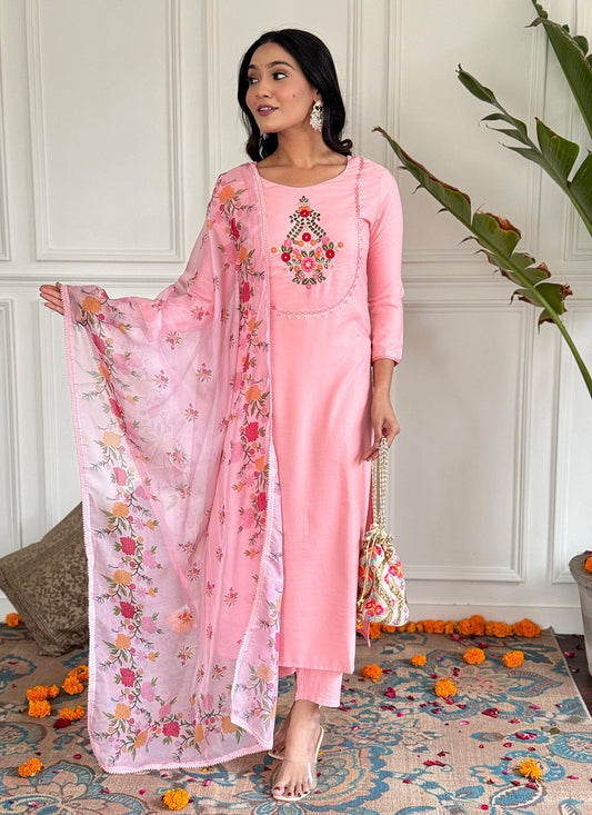 Salwar Suit Embroidered Peach Rayon T5019