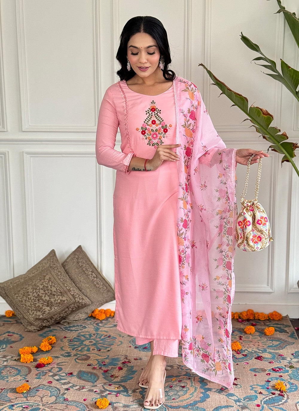 Salwar Suit Embroidered Peach Rayon T5019