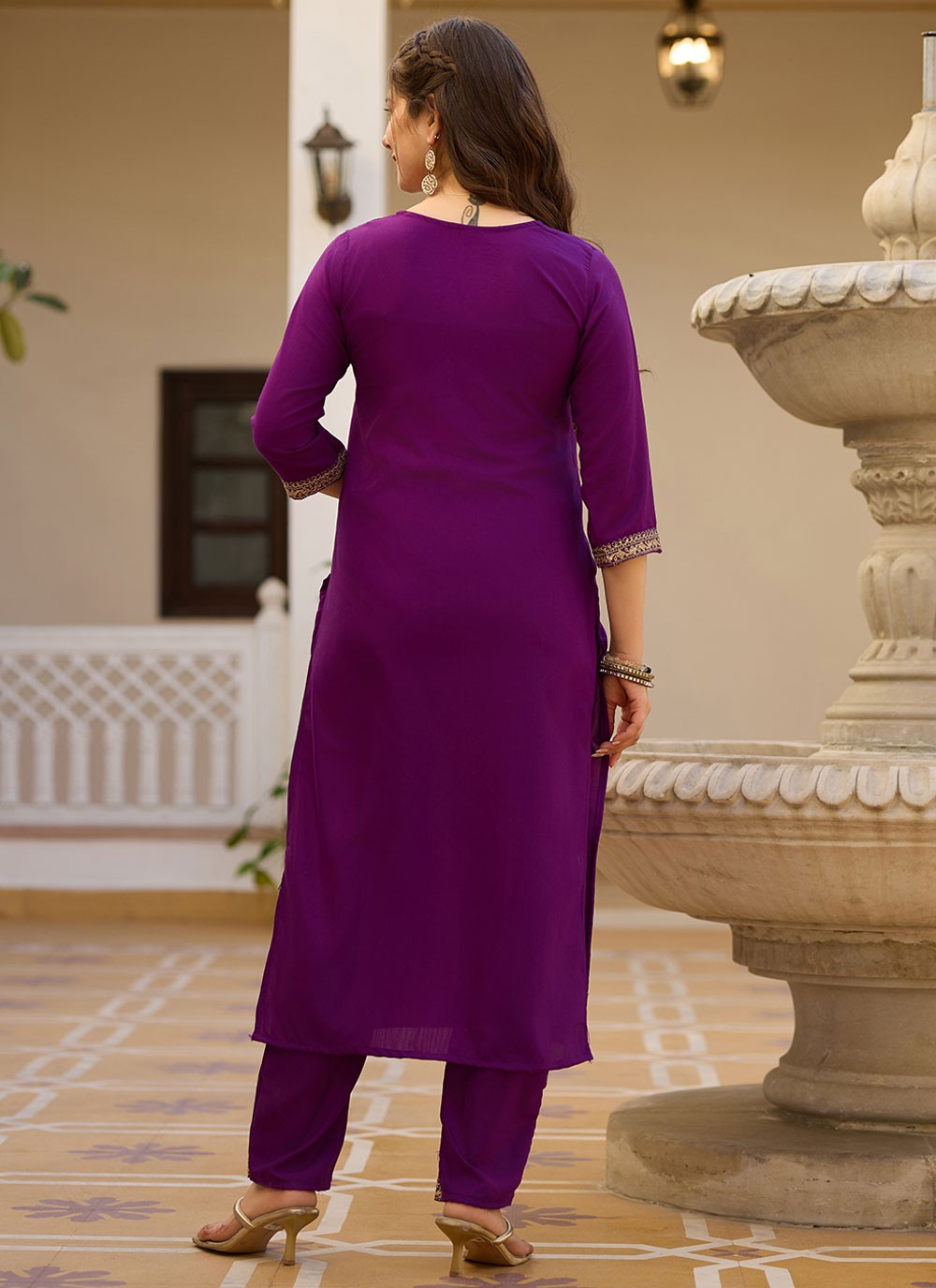 Embroidered Rayon Purple Pant Style Suit T6397