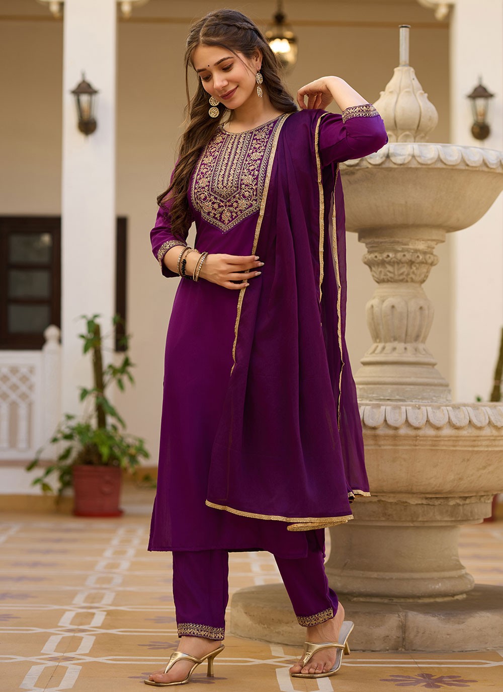 Embroidered Rayon Purple Pant Style Suit T6397