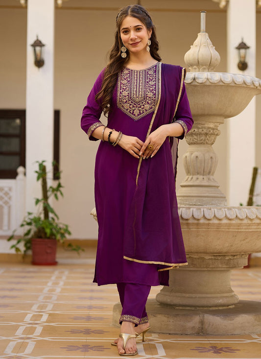 Embroidered Rayon Purple Pant Style Suit T6397