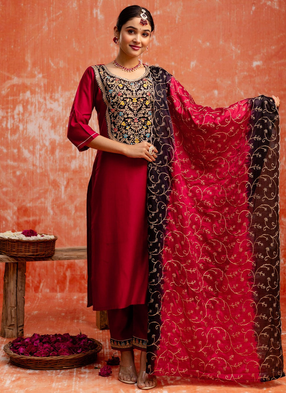 Pant Style Suit Embroidered, Zari Hot Pink T7594