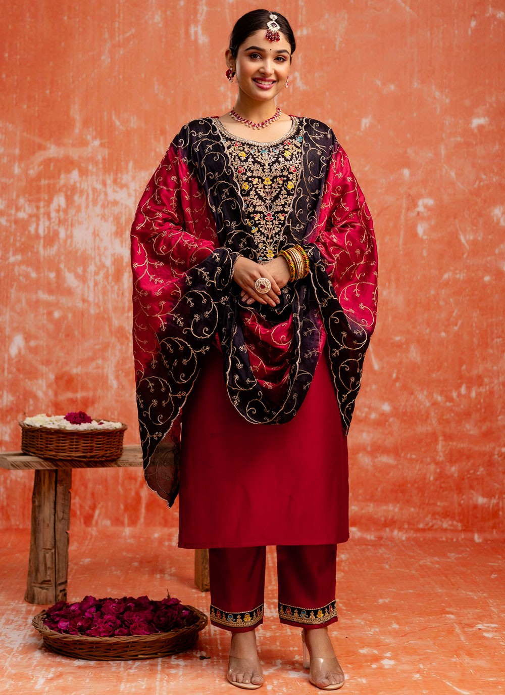 Pant Style Suit Embroidered, Zari Hot Pink T7594