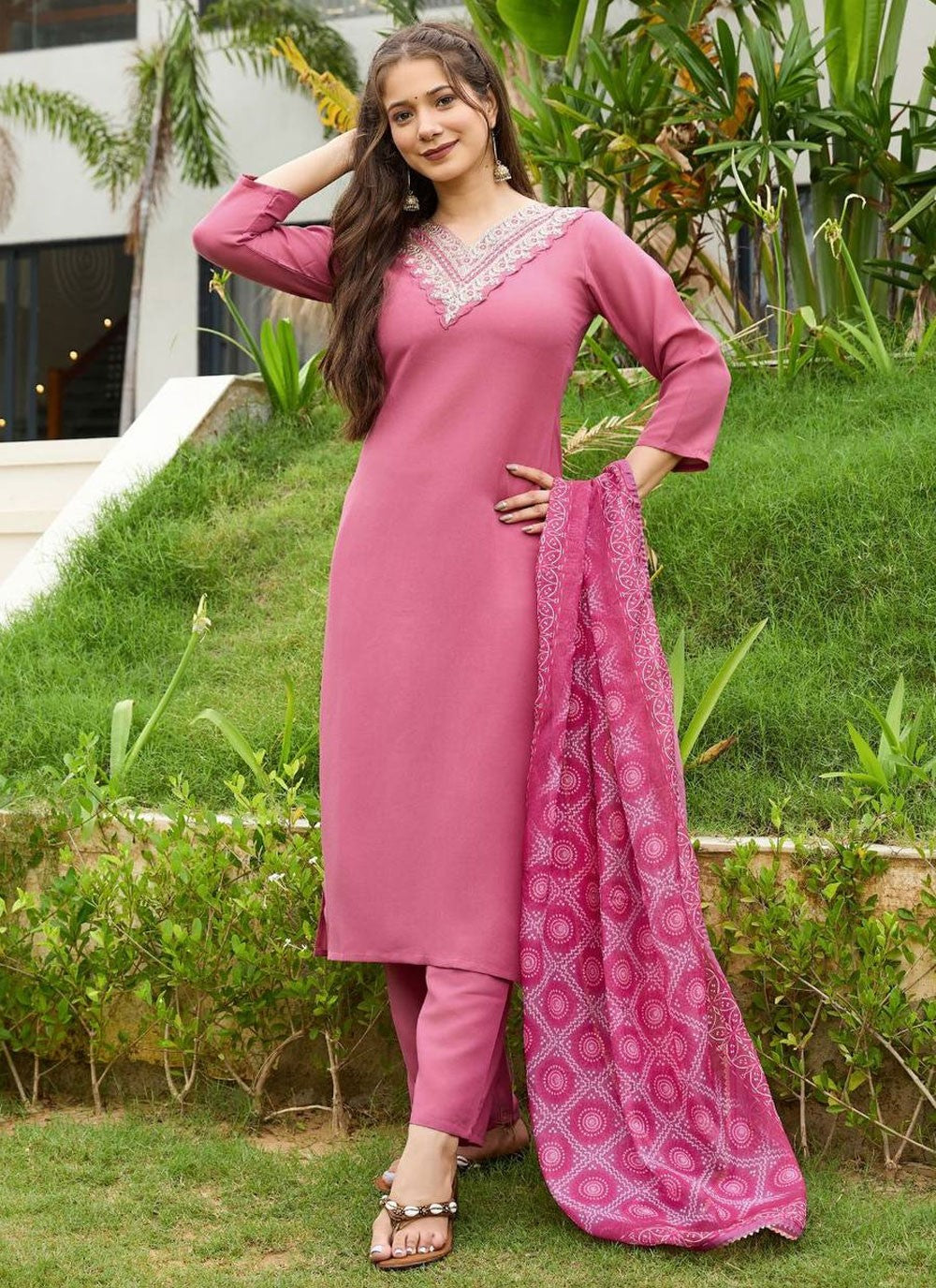 Pant Style Suit Embroidered Pink T8311