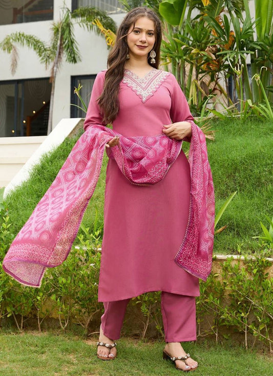 Pant Style Suit Embroidered Pink T8311