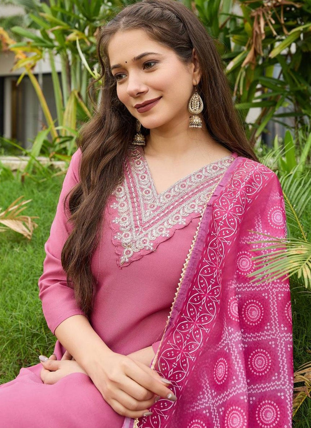 Pant Style Suit Embroidered Pink T8311