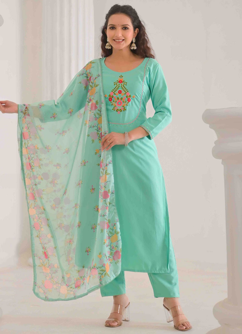 Embroidered Rayon Turquoise Salwar Suit T6158