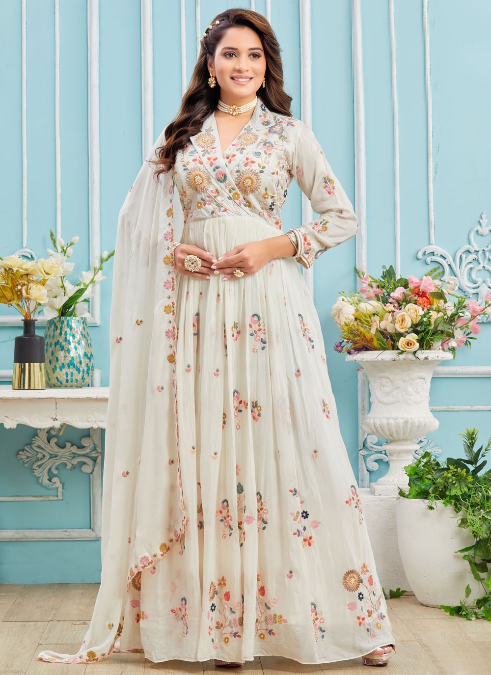 Embroidered Georgette White Gown G1961