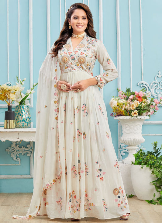 Embroidered Georgette White Gown G1961