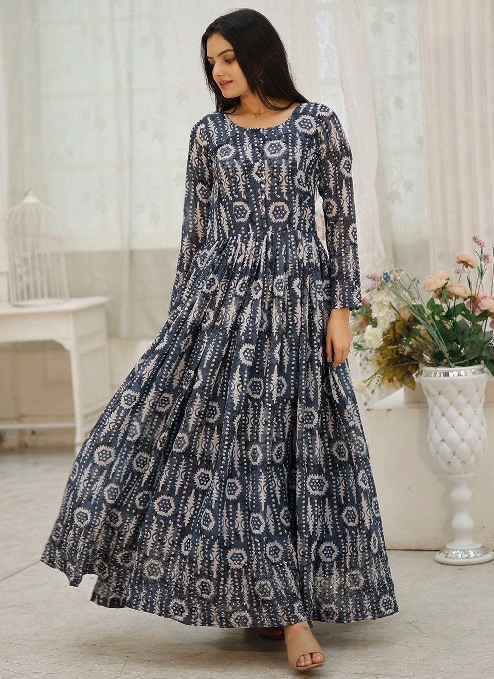 Printed Faux Georgette Gown - G1825