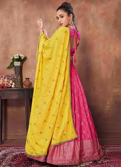 Embroidered Jacquard Silk, Viscose Pink Lehenga - L3261